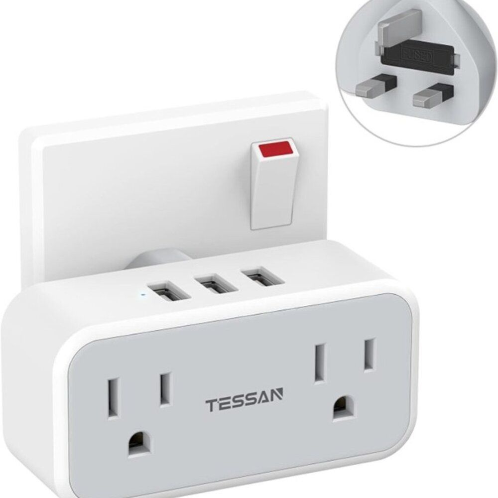 TESSAN US to UK Plug Adapter, Type G Power Adapter with 2 Outlet 3 USB Charger